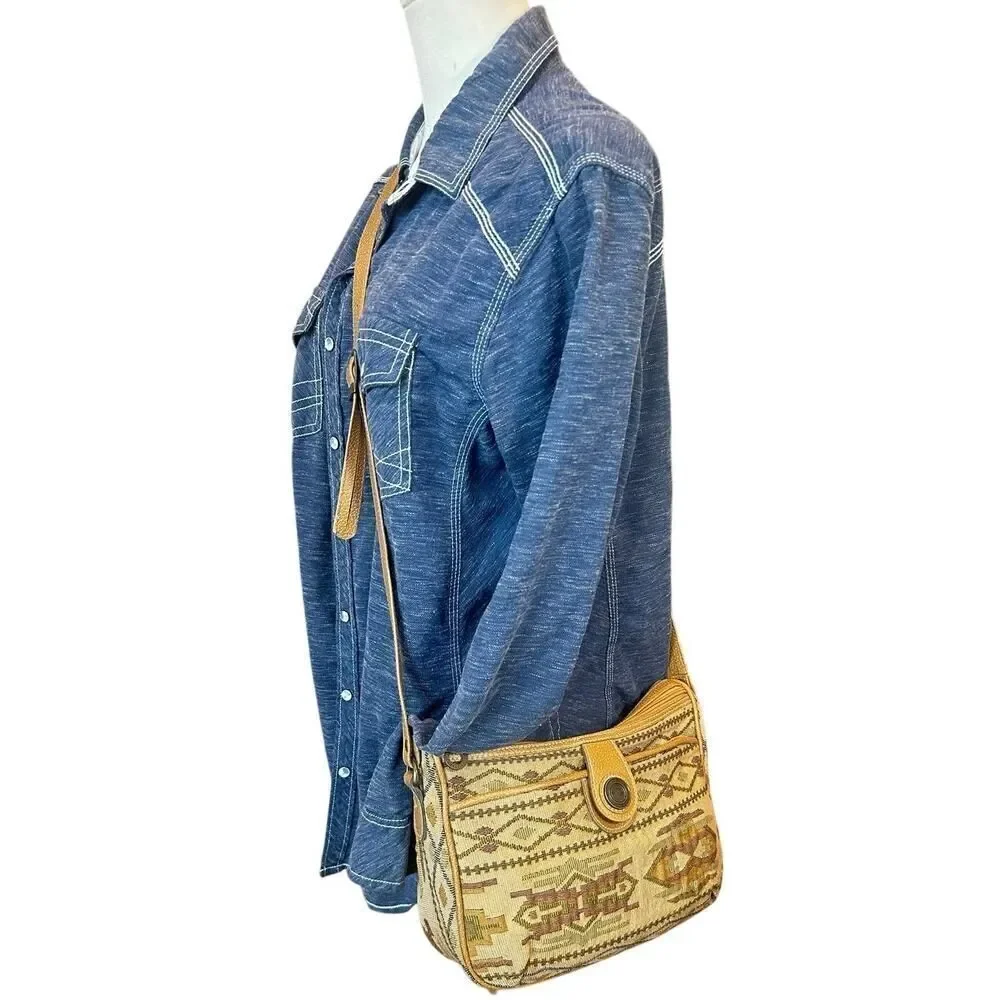 Vintage 90s Tan Aztec Southwestern Tribal Tapestry Purse Crossbody Bag